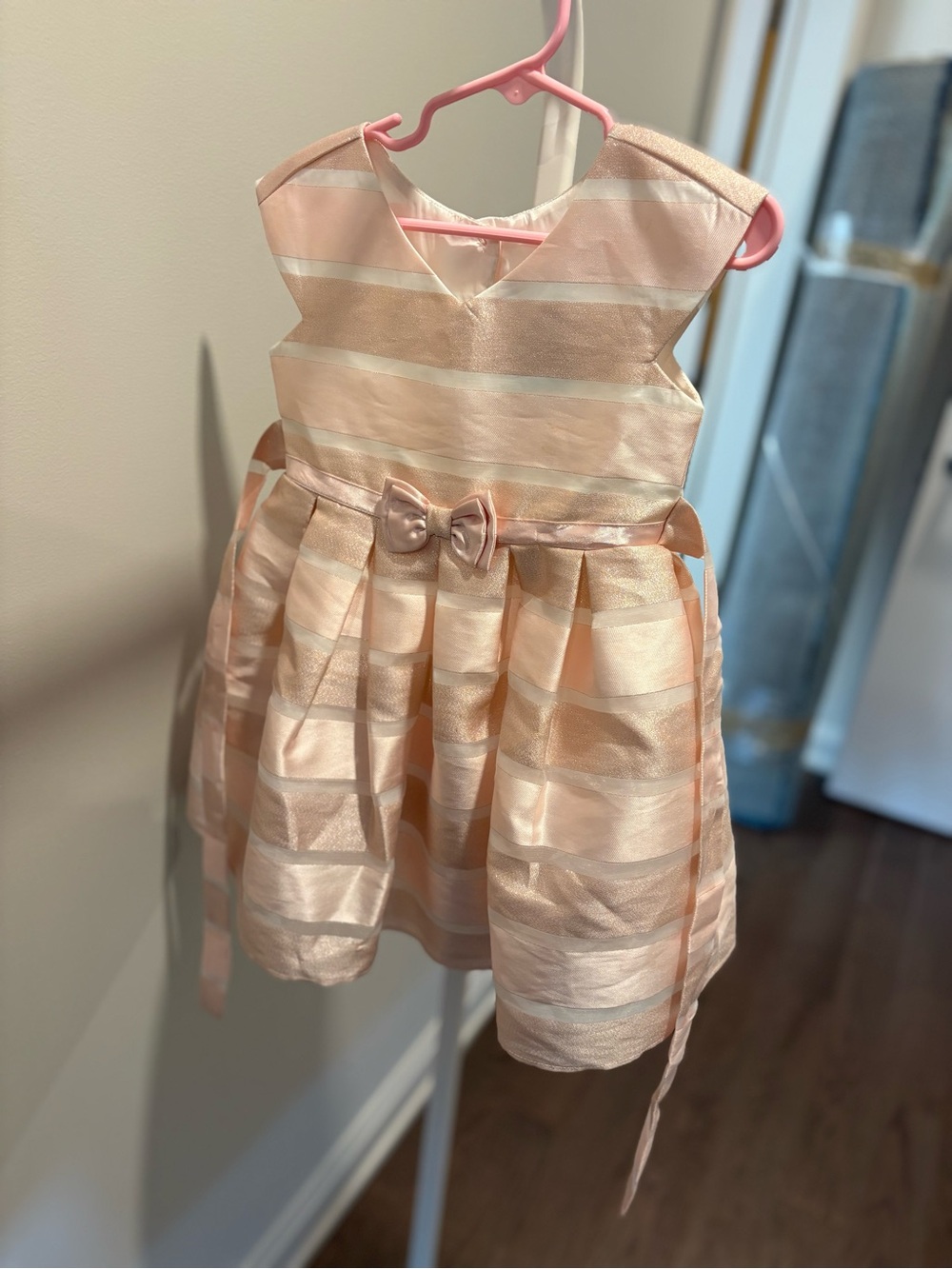 Jona Michelle Light Pink and Ivory Striped Bow-Front Party Dress